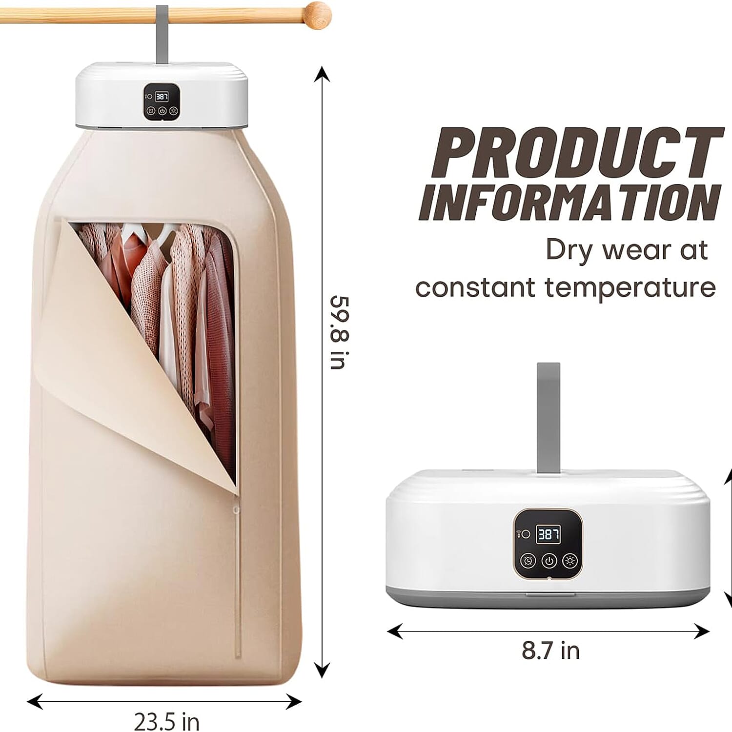 Portable Electric Cloth Dryer - Foldable Quick Dry, UV Sanitiser, with Remote Control (Size 27x20 cm) - White