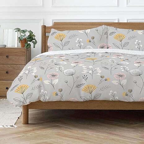 One Time Closeout - Copenhagen Home Olia Floral Printed Duvet Cover Set (Size Double) - Silver