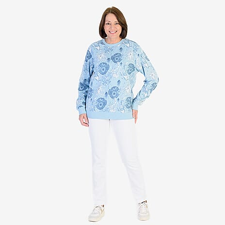 Soulstar Cotton Flower Printed Sweatshirt (Size L) - Sky Blue