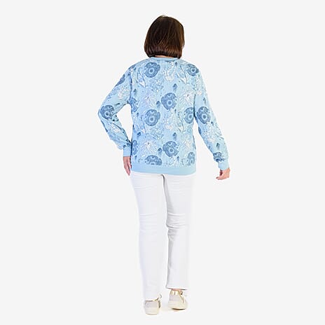 Soulstar Cotton Flower Printed Sweatshirt (Size L) - Sky Blue