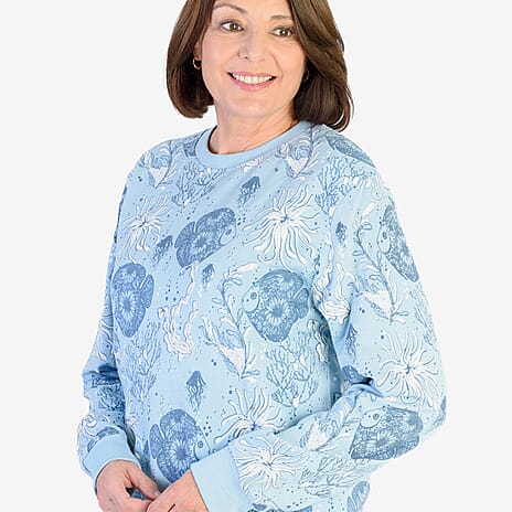 Soulstar Cotton Flower Printed Sweatshirt (Size L) - Sky Blue