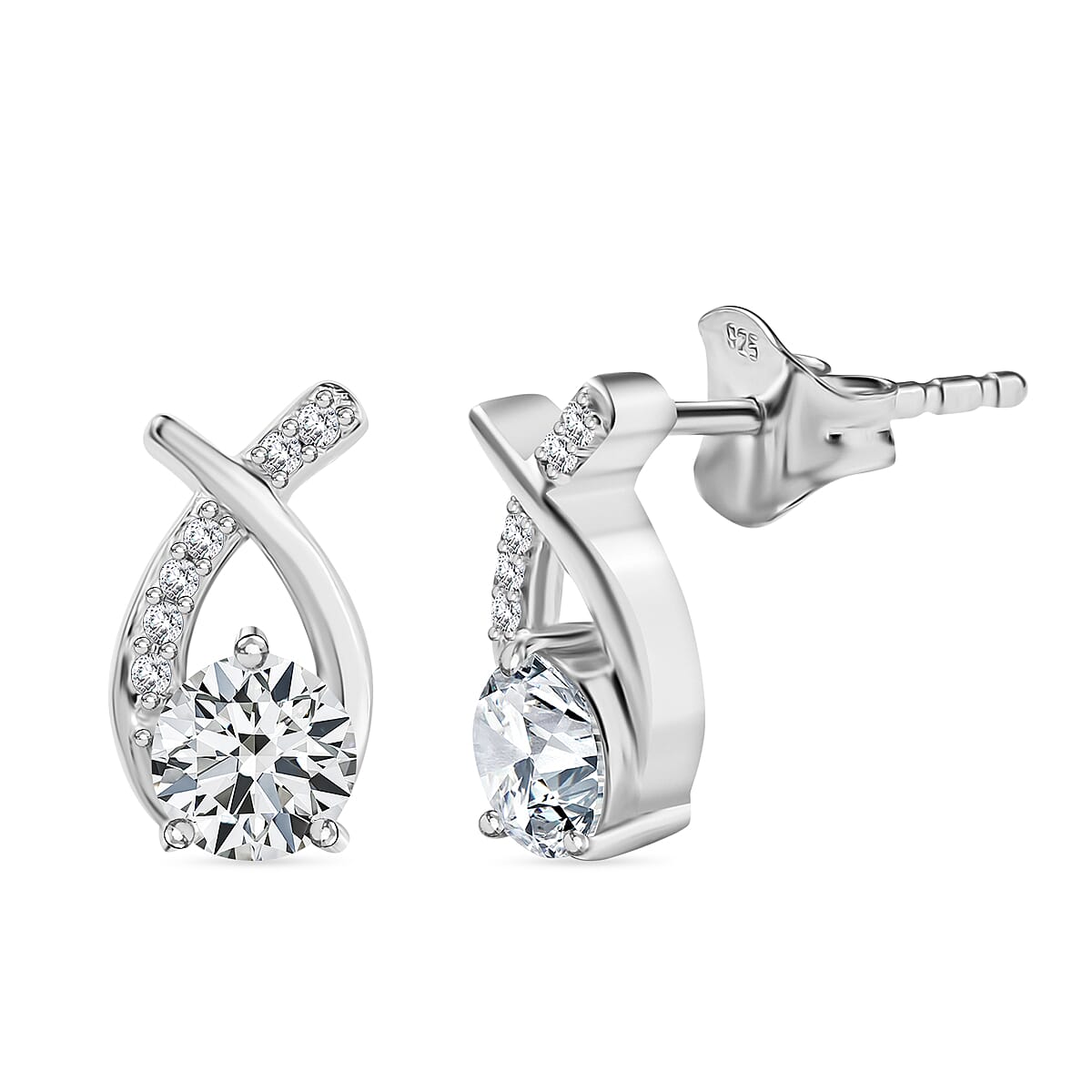 Moissanite Solitaire Stud Push Post Earring in Rhodium Overlay Sterling Silver 0.96 Ct.
