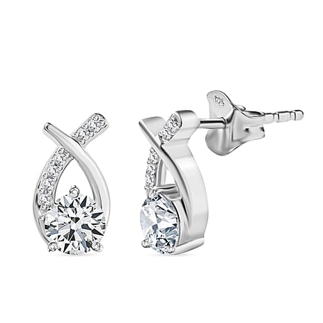 Moissanite Solitaire Stud Push Post Earring in Rhodium Overlay Sterling Silver 0.96 Ct.