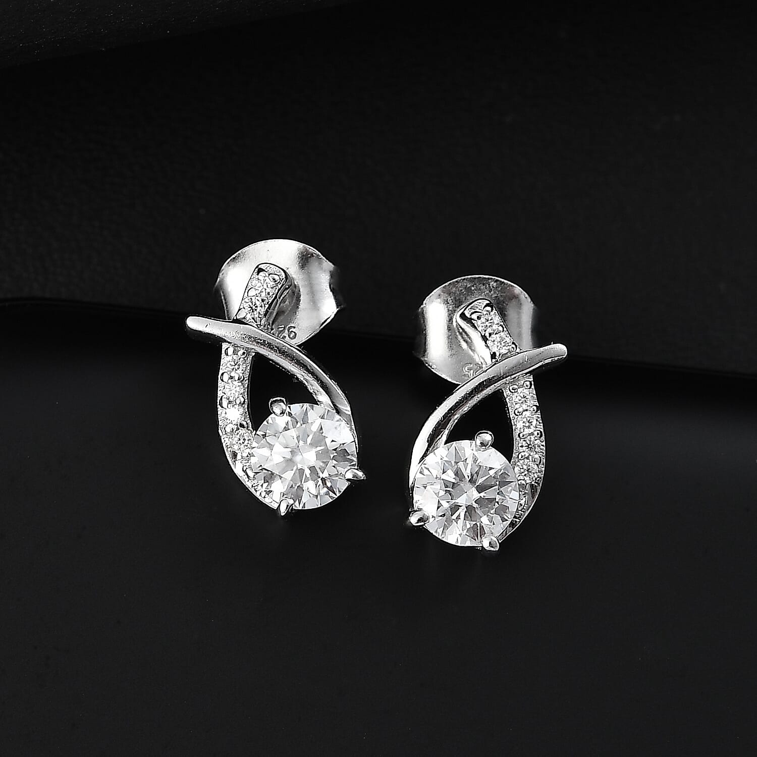Moissanite Solitaire Stud Push Post Earring in Rhodium Overlay Sterling Silver 0.96 Ct.