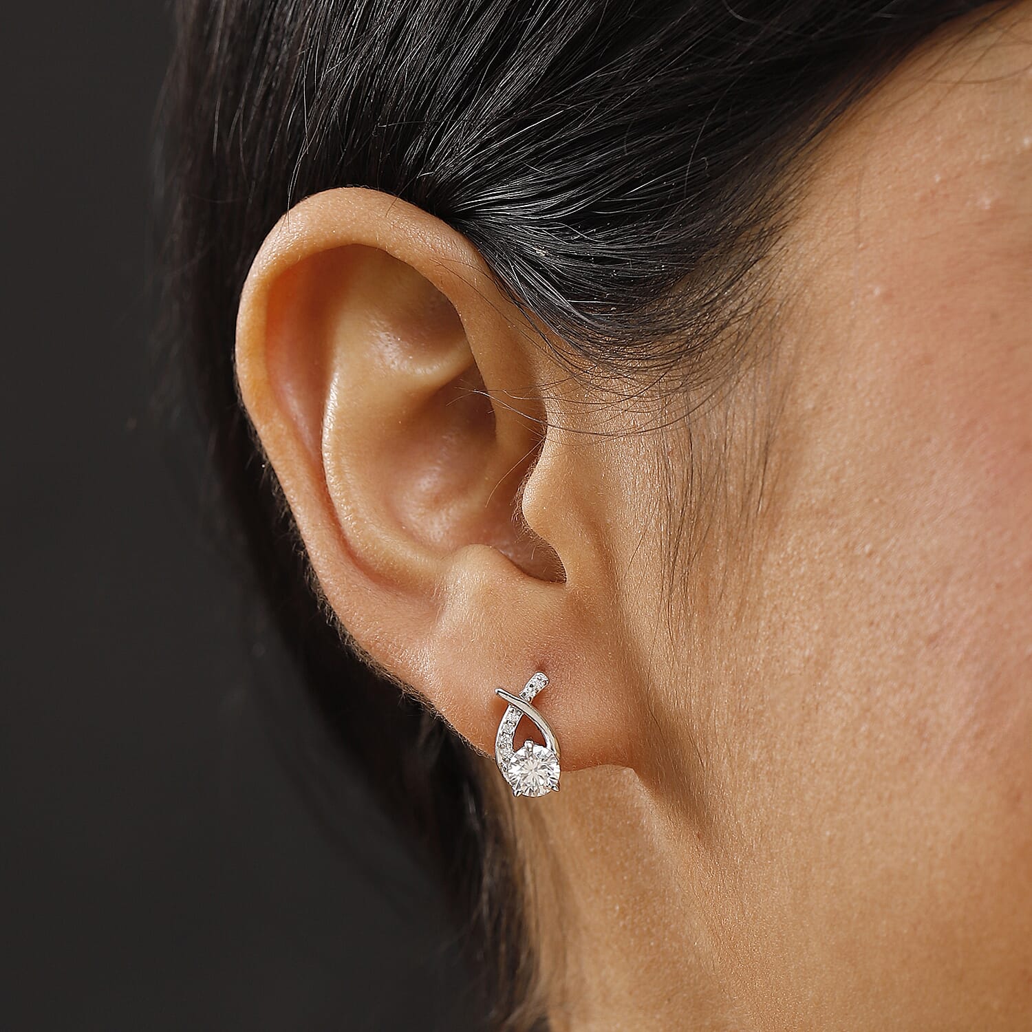 Moissanite Solitaire Stud Push Post Earring in Rhodium Overlay Sterling Silver 0.96 Ct.