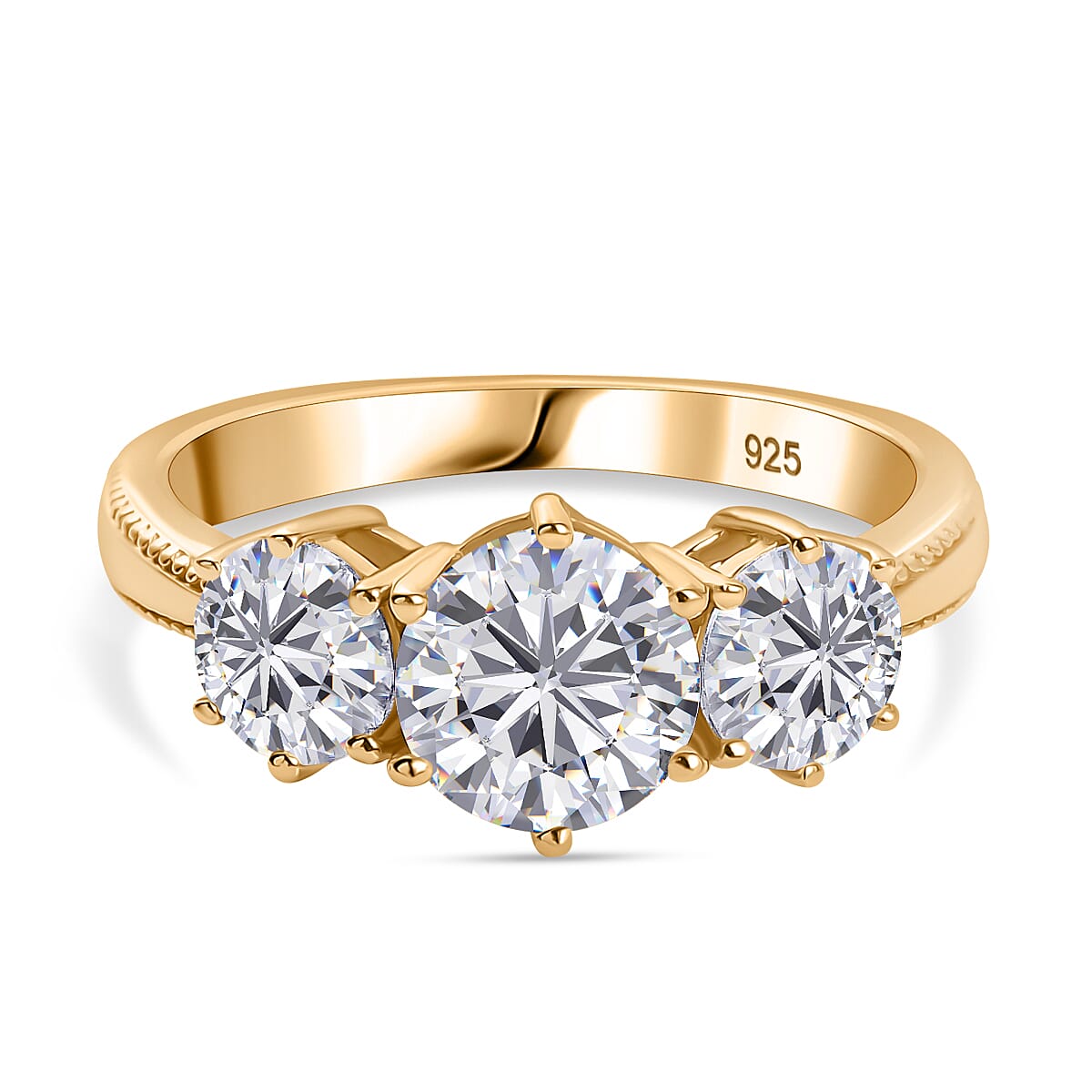 Moissanite Trilogy Ring in 18K Vermeil Yellow Gold Plated Sterling Silver 1.79 Ct.