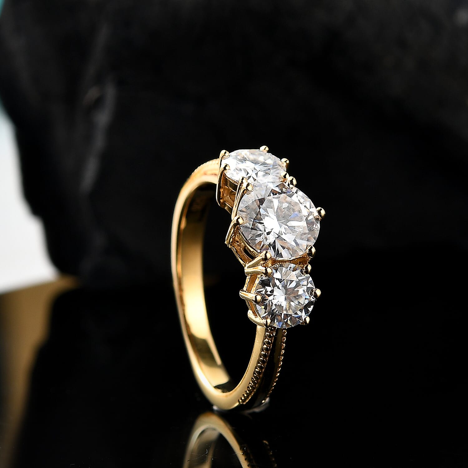 Moissanite Trilogy Ring in 18K Vermeil Yellow Gold Plated Sterling Silver 1.79 Ct.