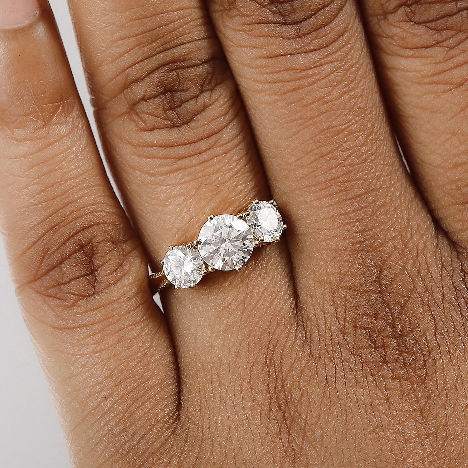 Moissanite Trilogy Ring in 18K Vermeil Yellow Gold Plated Sterling Silver 1.79 Ct.