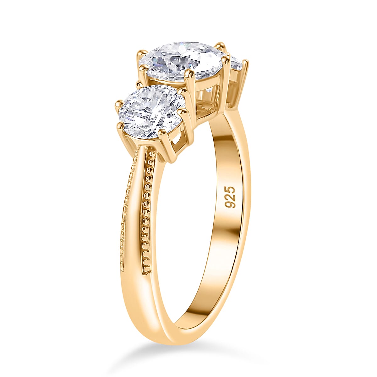 Moissanite Trilogy Ring in 18K Vermeil Yellow Gold Plated Sterling Silver 1.79 Ct.