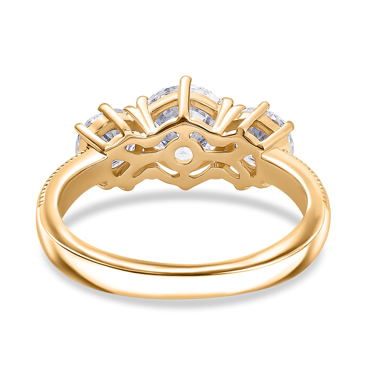 Moissanite Trilogy Ring in 18K Vermeil Yellow Gold Plated Sterling Silver 1.79 Ct.