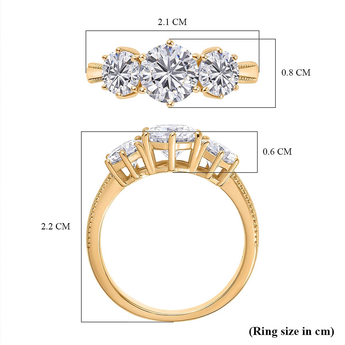 Moissanite Trilogy Ring in 18K Vermeil Yellow Gold Plated Sterling Silver 1.79 Ct.