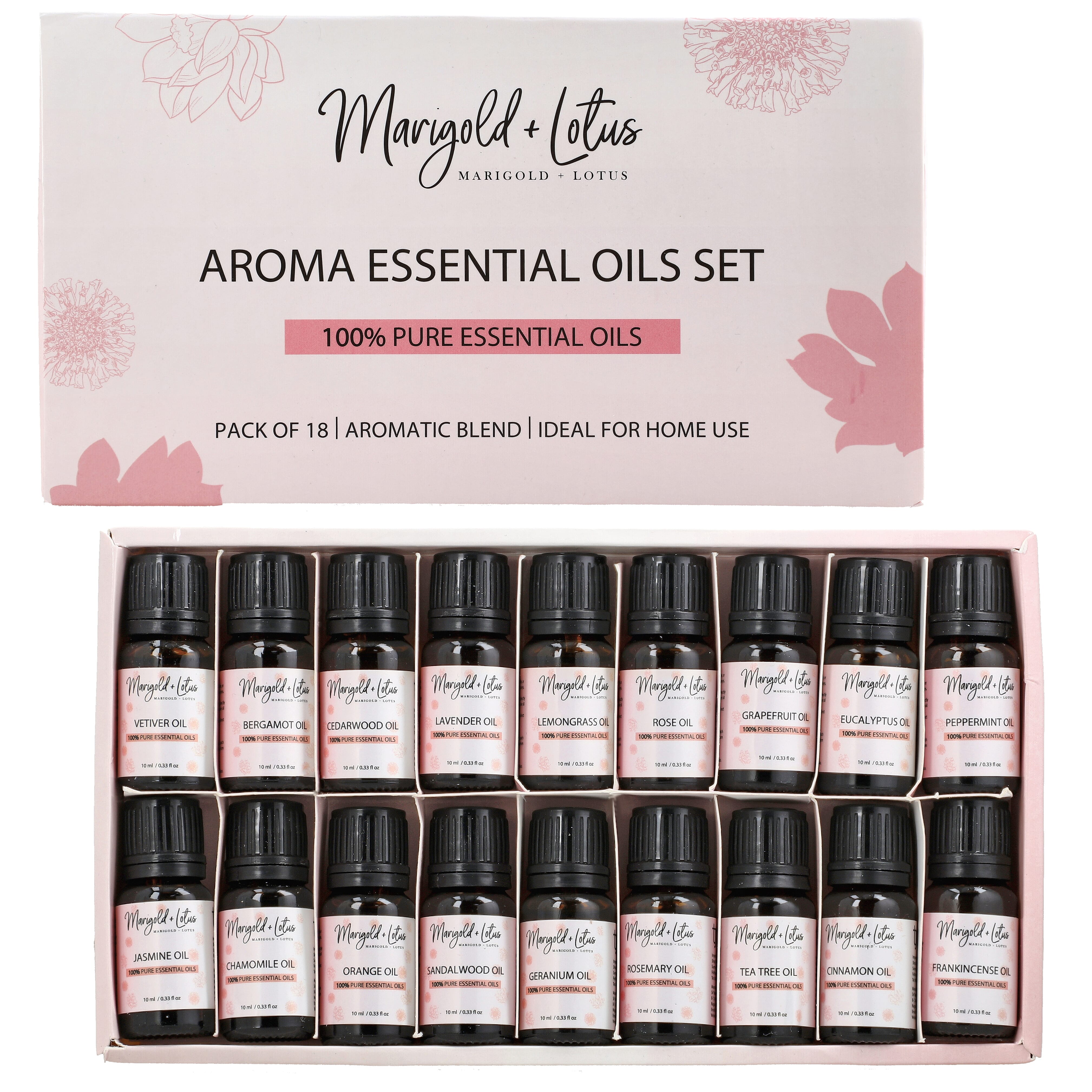 Marigold & Lotus - Set of 18 Premium Aroma Essential Oils, Aromatic Blends - 10 Ml Each