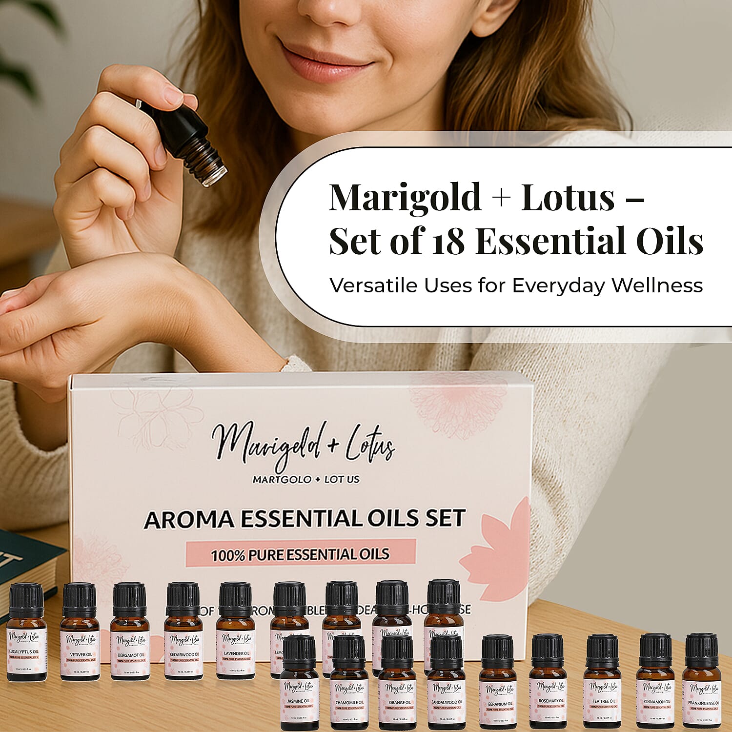 Marigold & Lotus - Set of 18 Premium Aroma Essential Oils, Aromatic Blends - 10 Ml Each