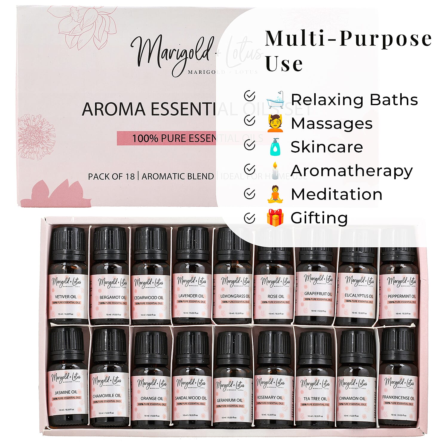 Marigold & Lotus - Set of 18 Premium Aroma Essential Oils, Aromatic Blends - 10 Ml Each