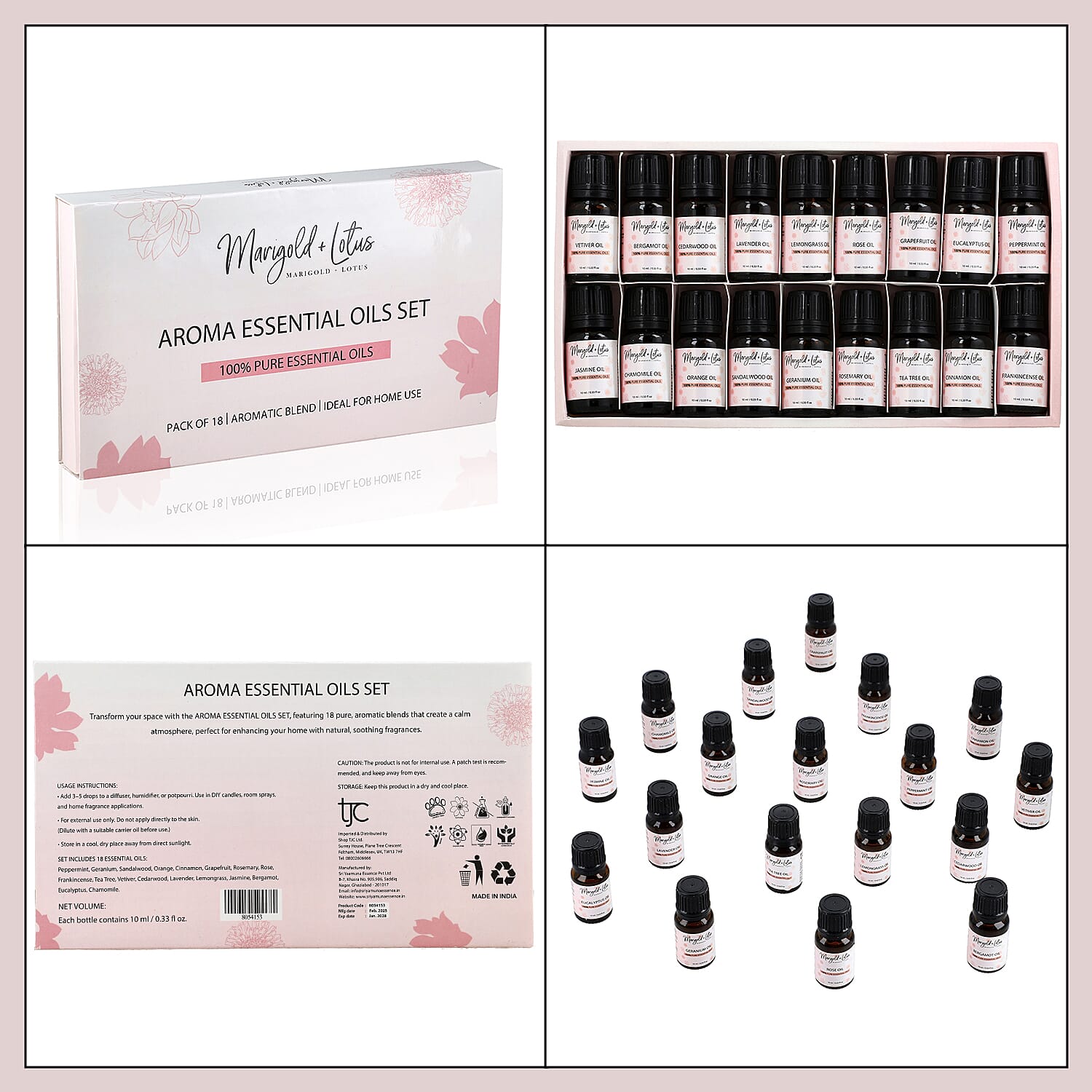 Marigold & Lotus - Set of 18 Premium Aroma Essential Oils, Aromatic Blends - 10 Ml Each