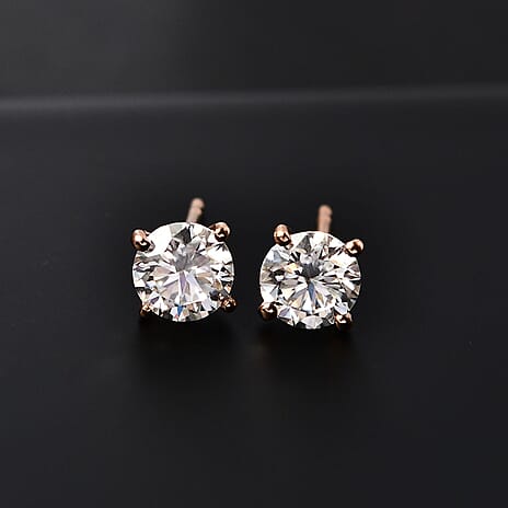 Moissanite  Solitaire Stud Push Post Earring in 18K RG Vermeil Sterling Silver 1.62 ct  1.506  Ct.