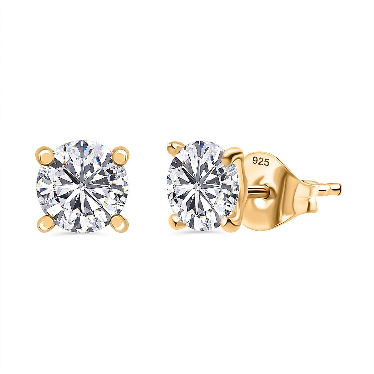 Moissanite Solitaire Stud Push Post Earring in 18K Vermeil Yellow Gold Plated Sterling Silver 1.51 Ct.