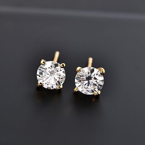 Moissanite  Solitaire Stud Push Post Earring in 18K YG Vermeil Sterling Silver 1.62 ct  1.506  Ct.