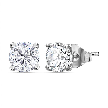 Moissanite Solitaire Stud Push Post Earrings in Rhodium Overlay Sterling Silver