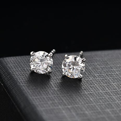 Moissanite  Solitaire Stud Push Post Earring in Rhodium Overlay Sterling Silver 1.62 ct  1.506  Ct.