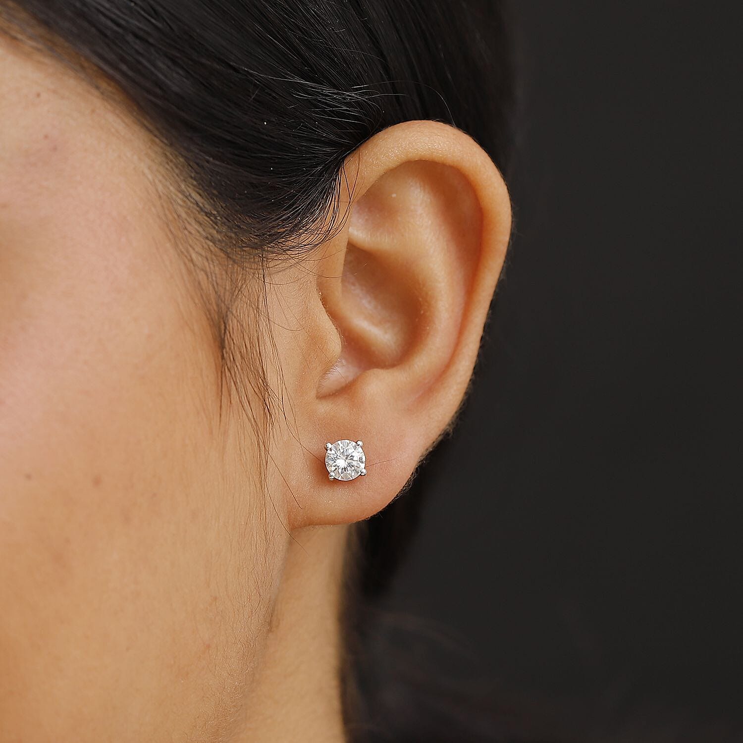 Moissanite Solitaire Stud Push Post Earring in Rhodium Overlay Sterling Silver 1.51 Ct.