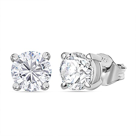 Moissanite Solitaire Stud Earrings in Rhodium Overlay Sterling Silver 1.88 Ct.