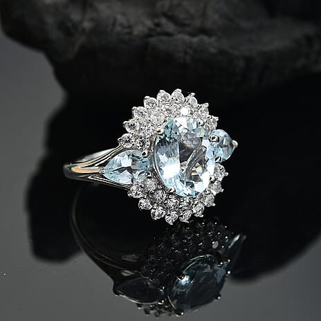 Aquamarine & White Zircon Cluster Ring in Rhodium Overlay Sterling Silver 3.99 Ct..