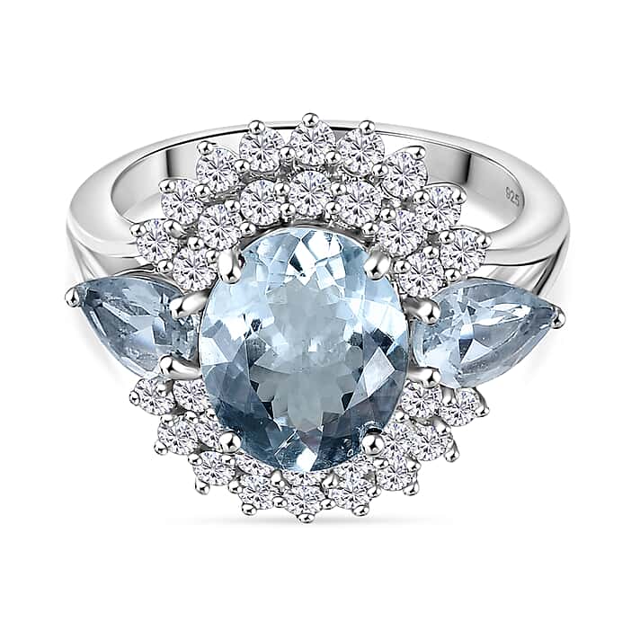 Aquamarine & White Zircon Cluster Ring in Rhodium Overlay Sterling Silver 3.99 Ct..