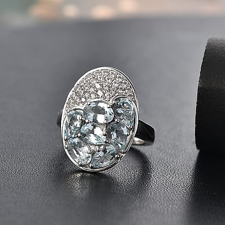 Aquamarine & White Zircon Ring in Rhodium Overlay Sterling Silver 3.34 Ct.