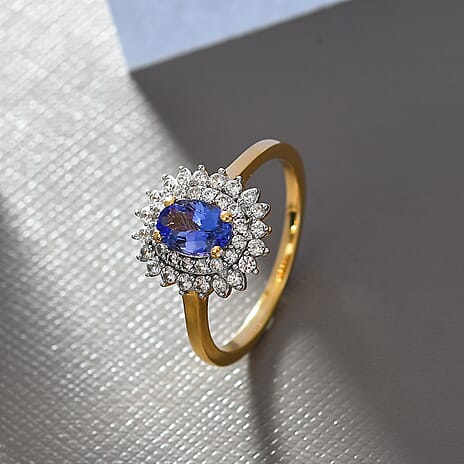 Tanzanite & White Zircon Cluster Ring in 18K Vermeil Yellow Gold Plated Sterling Silver 1.30 Ct.