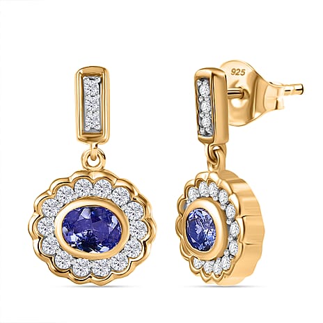 Tanzanite & White Zircon Dangling Earring with Push Back in 18K Vermeil Yellow Gold Plated Sterling Silver 1.33 Ct.
