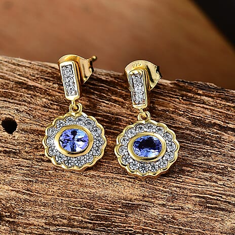 Tanzanite & White Zircon Dangling Earring with Push Back in 18K Vermeil Yellow Gold Plated Sterling Silver 1.33 Ct.