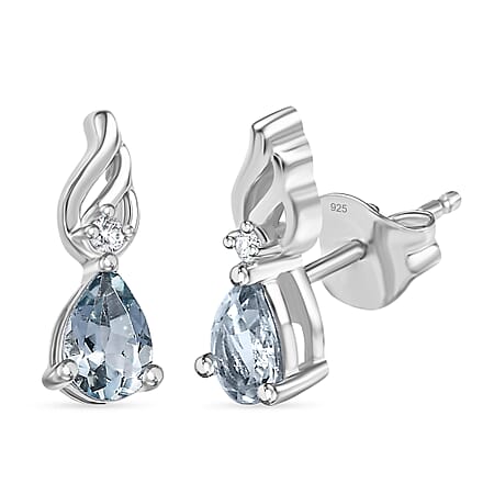 Aquamarine & White Zircon Earring with Push Back in Rhodium Overlay Sterling Silver 0.81 Ct.
