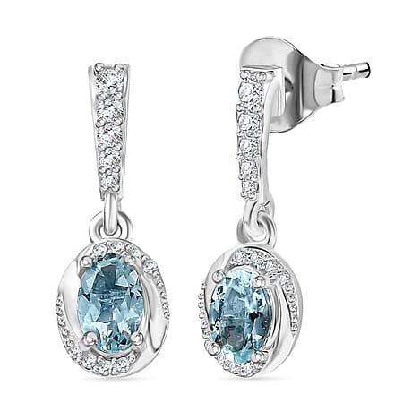 Aquamarine & White Zircon Earring with Push Back in Rhodium Overlay Sterling Silver 1.04 Ct.