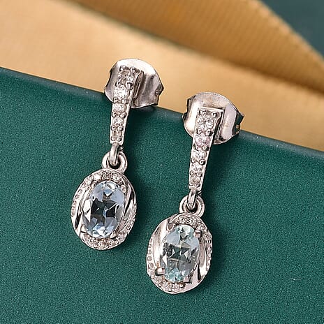 Aquamarine & White Zircon Earring with Push Back in Rhodium Overlay Sterling Silver 1.04 Ct.