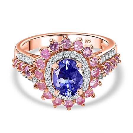 Tanzanite, Pink Sapphire & White Zircon Cluster Ring in 18K Vermeil Rose Gold Plated Sterling Silver 2.39 Ct. Tanzanite, Pink Sapphire & White Zircon Cluster Ring in 18K Vermeil Rose Gold Plated Sterling Silver 2.39 Ct.