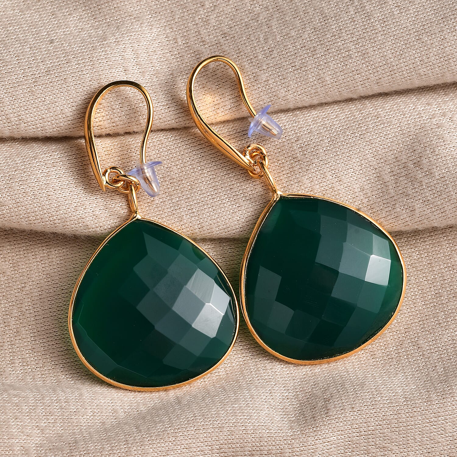 Green Onyx J Hoop Earrings in Yellow Gold Plated Sterling Silver 28.00 Ct.