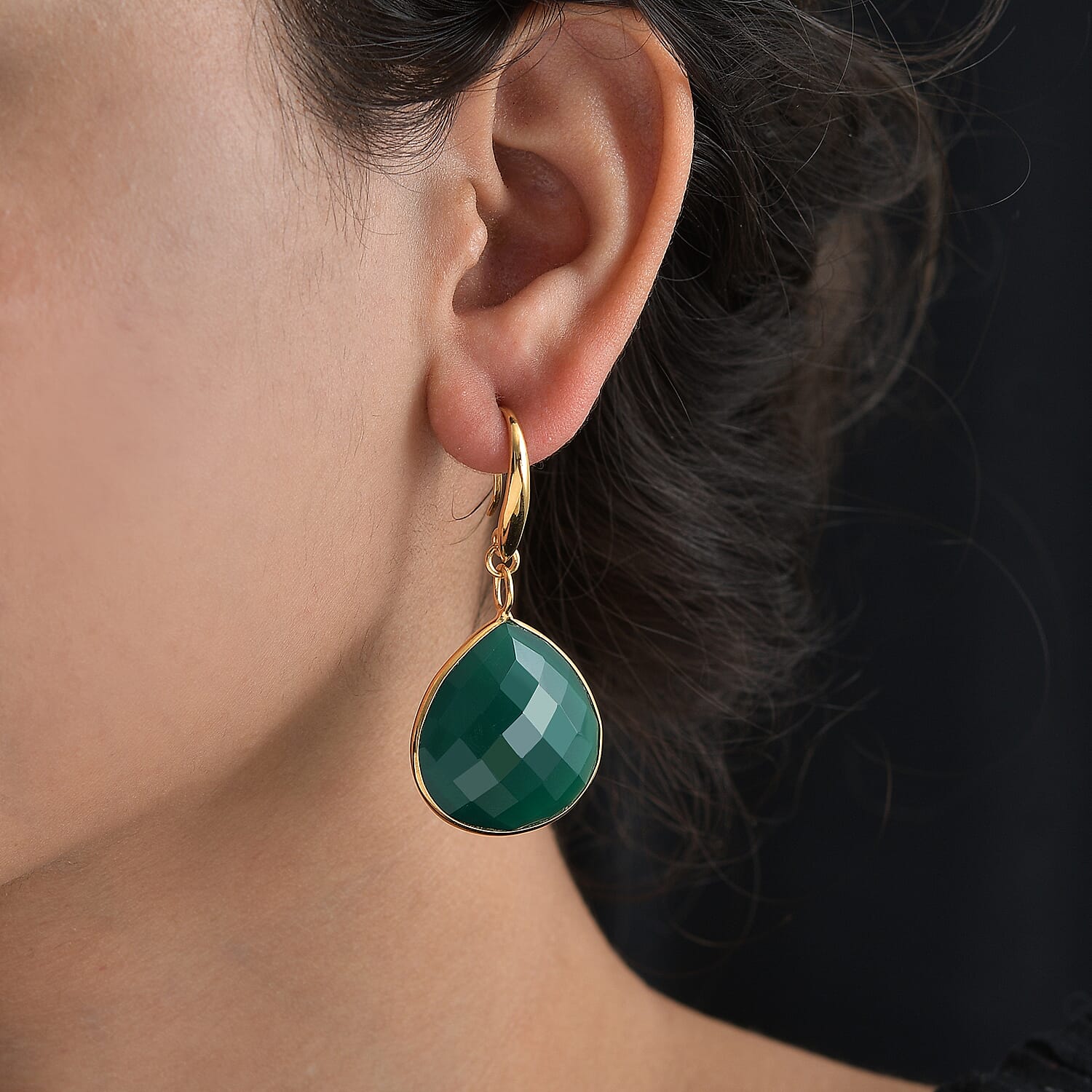 Green Onyx J Hoop Earrings in Yellow Gold Plated Sterling Silver 28.00 Ct.