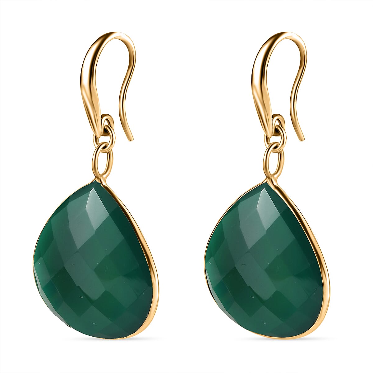 Green Onyx J Hoop Earrings in Yellow Gold Plated Sterling Silver 28.00 Ct.