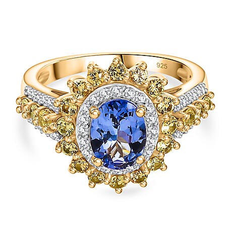 Tanzanite, Yellow Sapphire & White Zircon Cluster Ring in 18K Vermeil Yellow Gold Plated Sterling Silver 2.34 Ct.