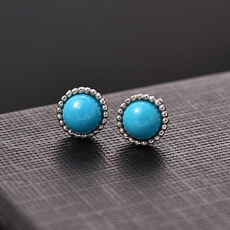 Sleeping Beauty Turquoise  Solitaire Stud Push Post Earring in Rhodium Overlay Sterling Silver 0.98 ct  1.036  Ct.