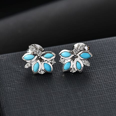 Sleeping Beauty Turquoise & White Zircon Stud Push Post Earring in Rhodium Overlay Sterling Silver