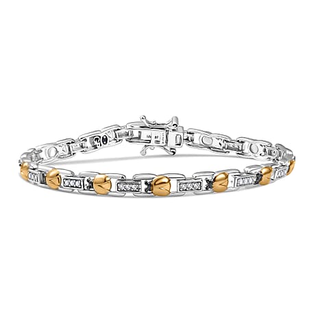 GP Ladybird Collection - White Zircon & Blue Sapphire Line Bracelet (Size - 7) in 18K Vermeil Yellow Gold Plated & Rhodium Overlay Sterling Silver, Silver Wt. 10.55 Gms.