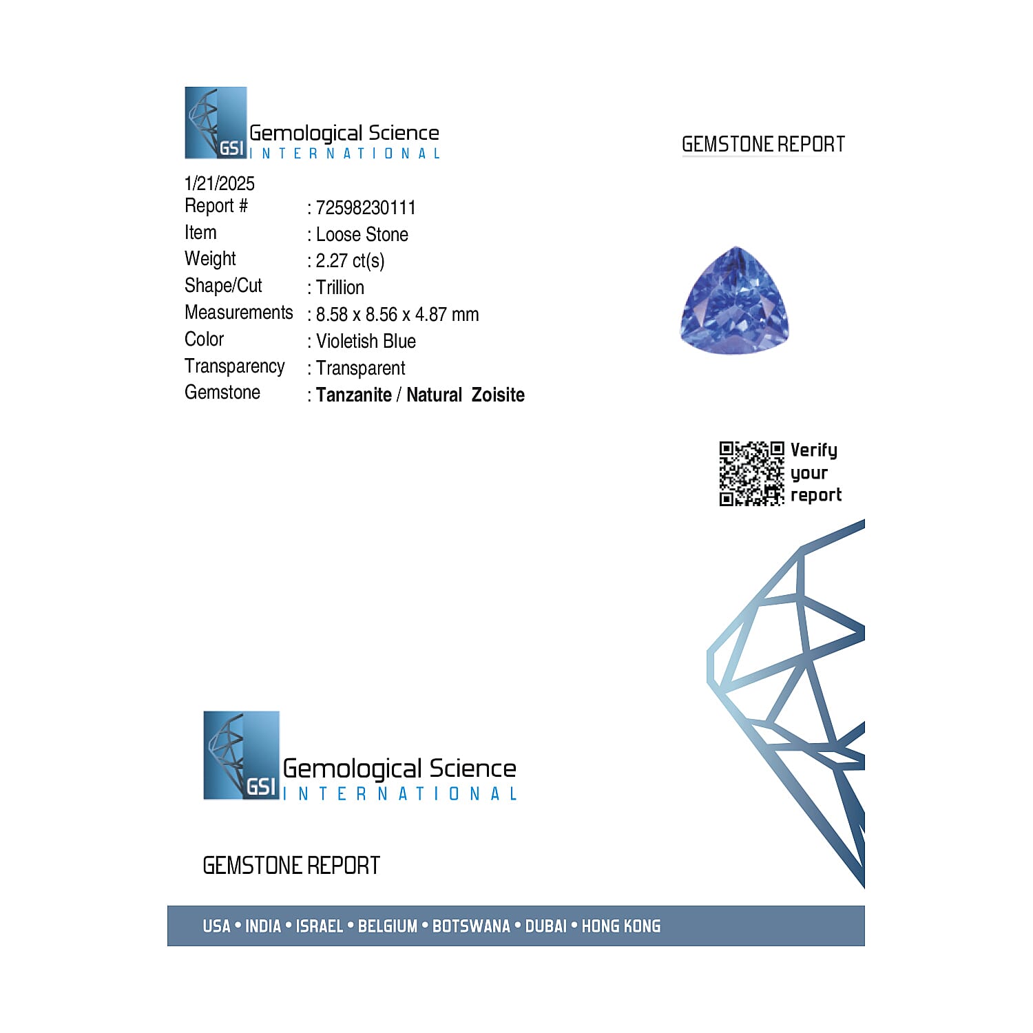 Tanzanite Trillion Size Varies