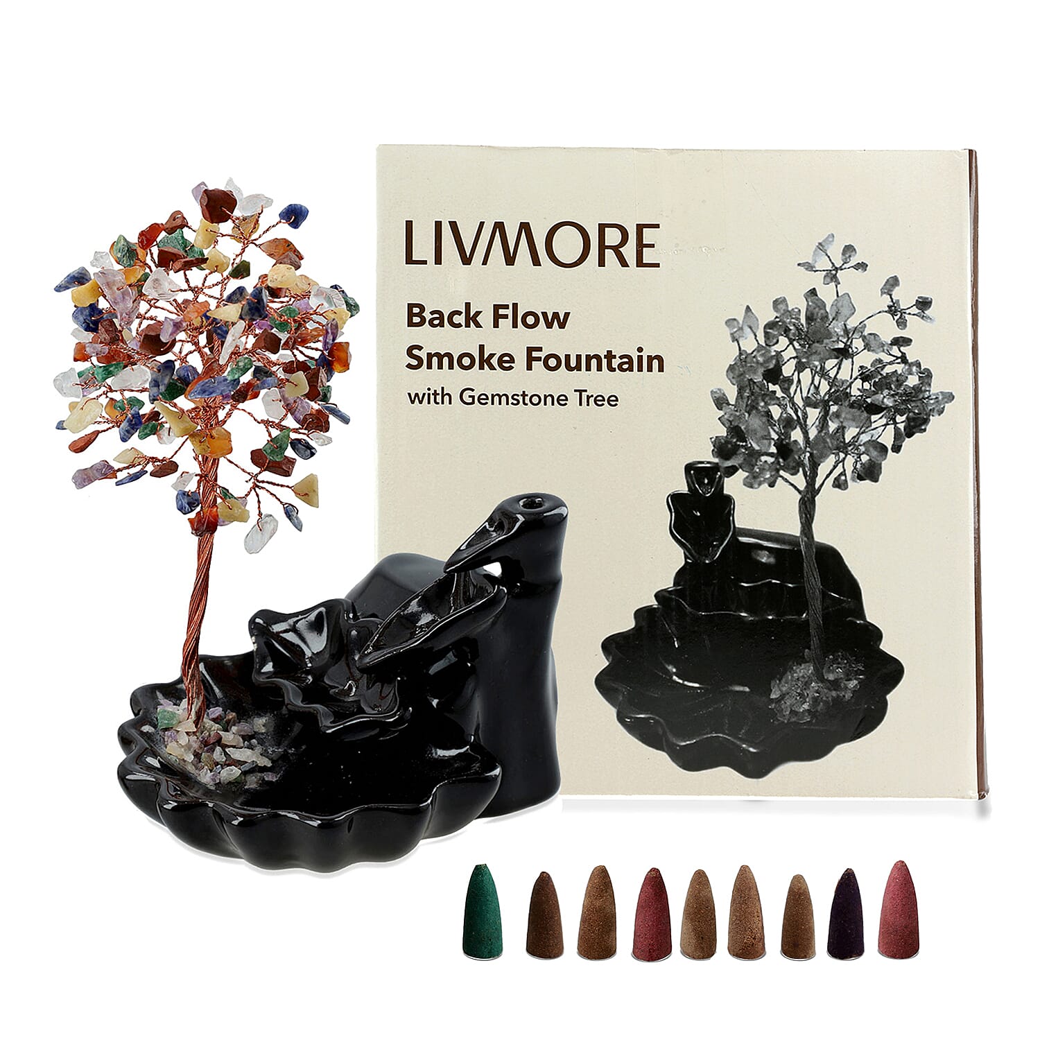 Livmore Seven Chakra Backflow Incense Burner With Crystal Tree Holder & 30 Incense Cones (18 x 10 x 20 Cm)