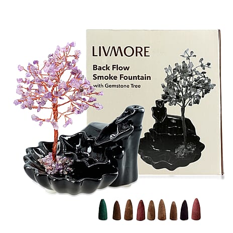 Livmore Amethyst Crystal Tree Backflow Incense Burner Set - Includes 30 Cones (18 x 10 x 20 Cm) - Purple
