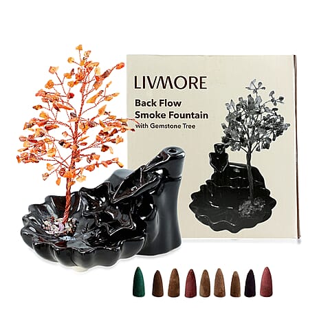 Livmore Red Carneline Crystal Tree Backflow Incense Burner Set - Includes 30 Cones (18 x 10 x 20 Cm)