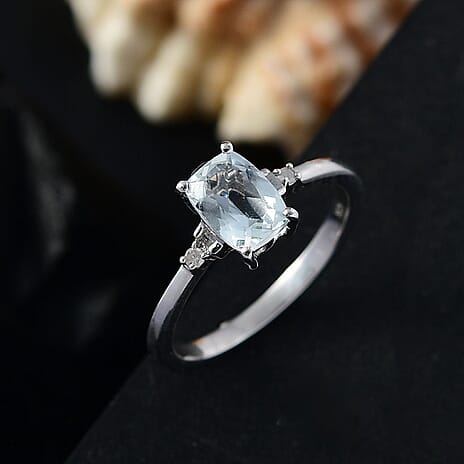 Aquamarine & White Diamond Solitaire Ring in Rhodium Overlay Sterling Silver 0.84 Ct.