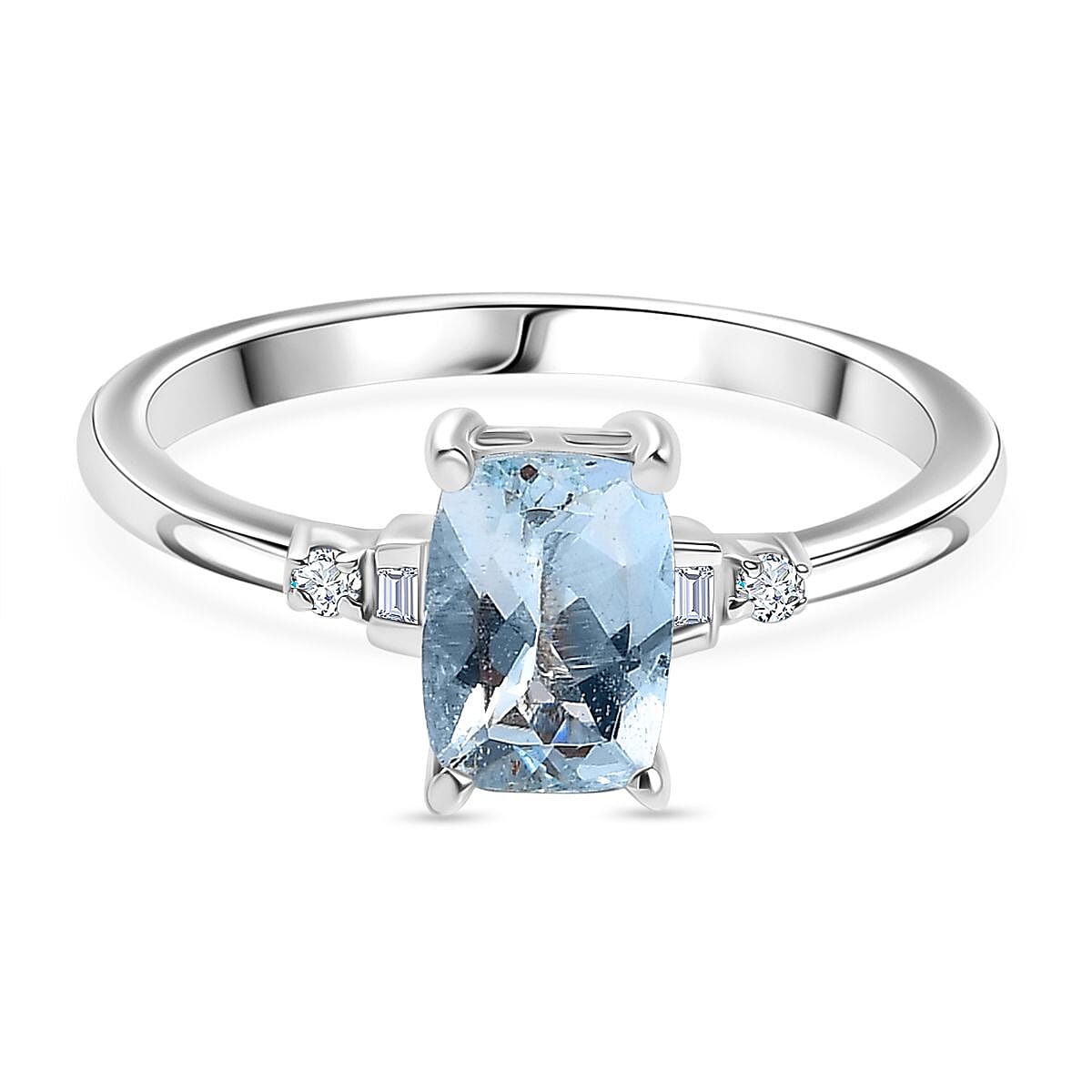 Aquamarine & White Diamond Solitaire Ring in Rhodium Overlay Sterling Silver 0.84 Ct.