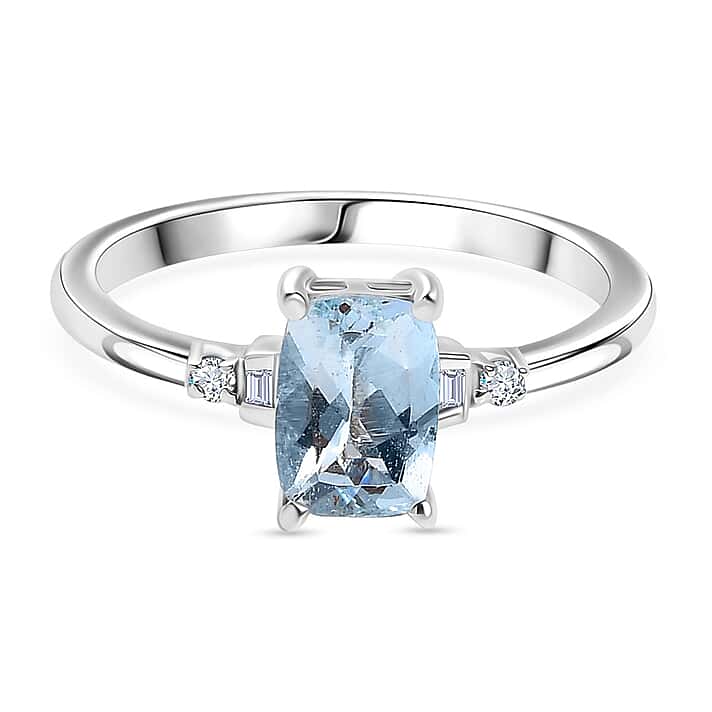 Aquamarine & White Diamond Solitaire Ring in Rhodium Overlay Sterling Silver 0.84 Ct.